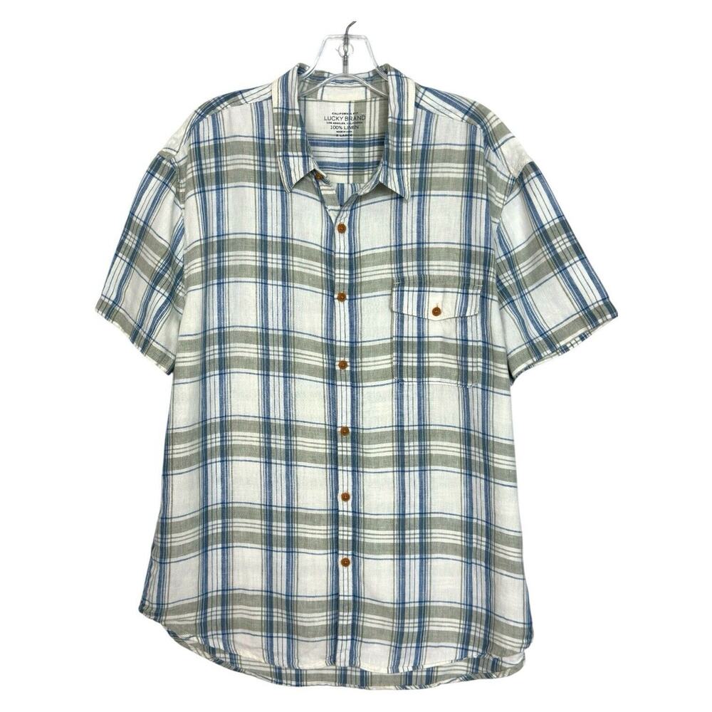 Lucky Brand Men’s Linen Shirt Plaid Short Sleeve Button Up XL